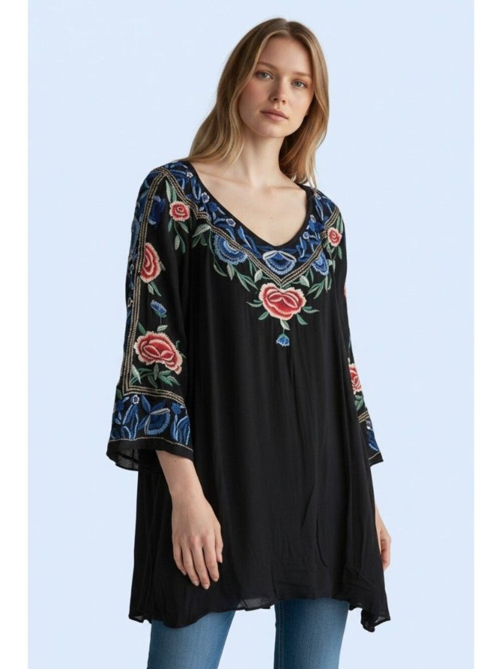 Vintage Collection Tunic Womens Large Black Floral Embroidered Boho Top